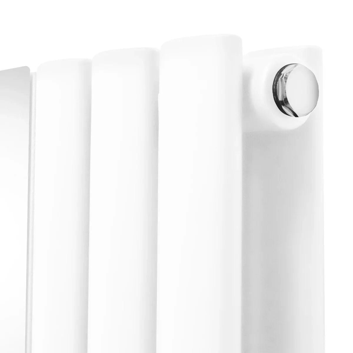 Sleek white oval mirror radiator with smooth, rounded edges and a polished chrome valve, designed for modern interiors