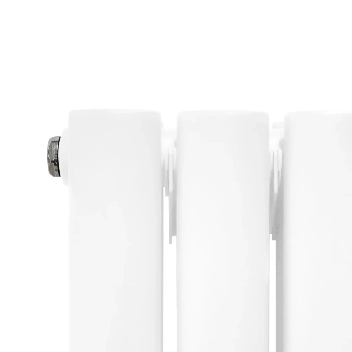Close-up of a white oval mirror radiator with smooth, glossy finish and rounded edges, showcasing its sleek design and modern appeal