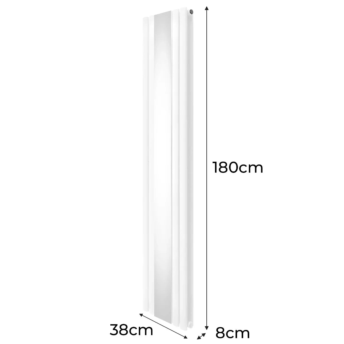 Sleek white oval mirror radiator, measuring 1800mm x 380mm, featuring a smooth surface and modern design for stylish heating