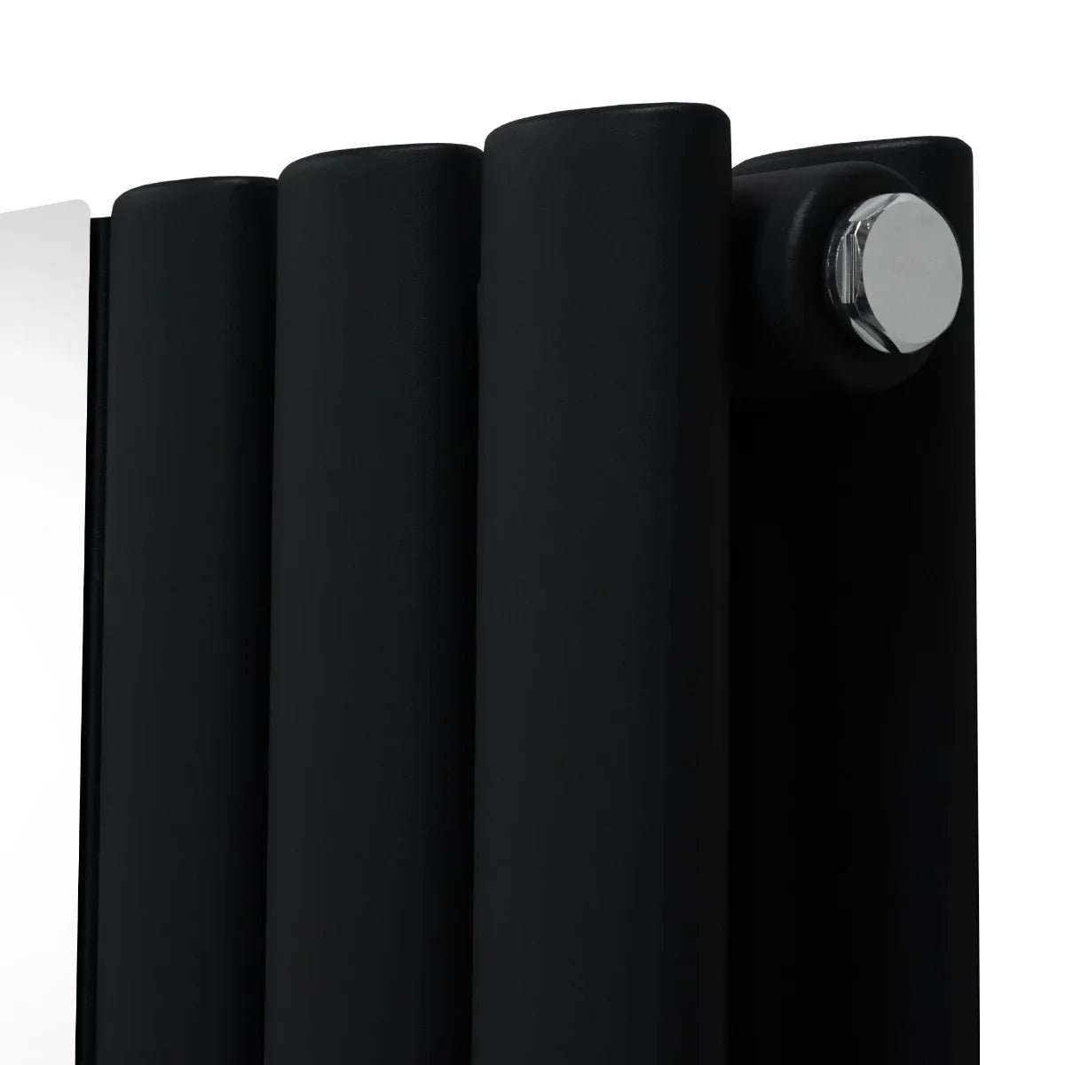 Sleek black oval mirror radiator with smooth rounded edges, showcasing modern design and polished chrome valve detail