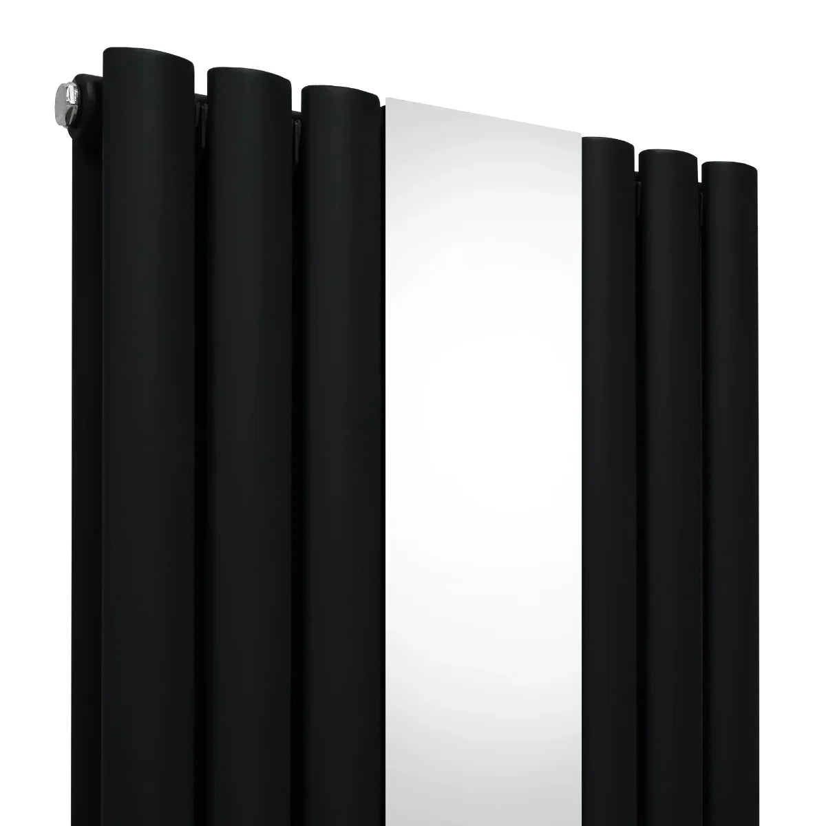 Sleek black oval mirror radiator, 1800mm x 380mm, featuring smooth cylindrical fins and a polished reflective surface for modern decor