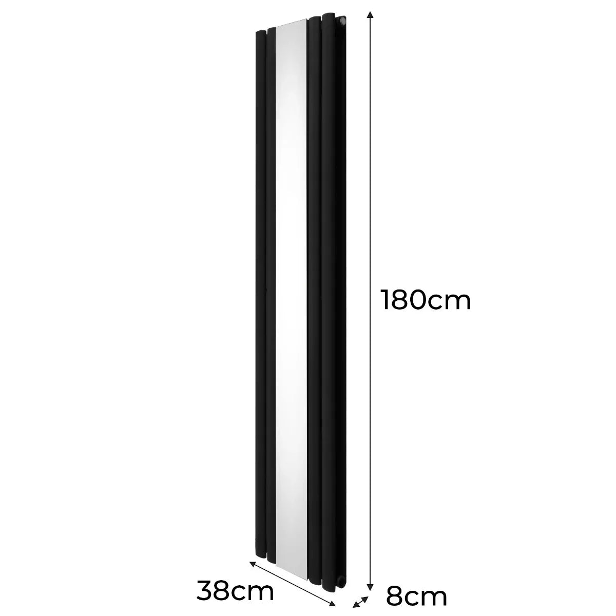 Sleek black oval mirror radiator, 1800mm x 380mm, featuring a modern design with smooth reflective surface and slim profile