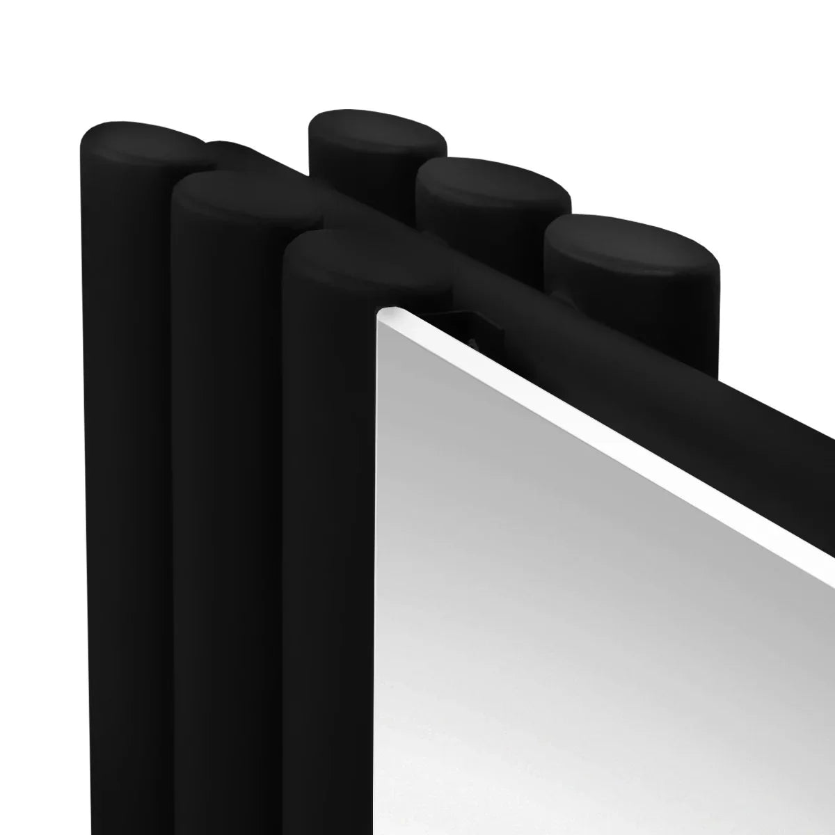 Sleek black oval mirror radiator with rounded edges, showcasing a modern design and glossy finish, ideal for contemporary spaces