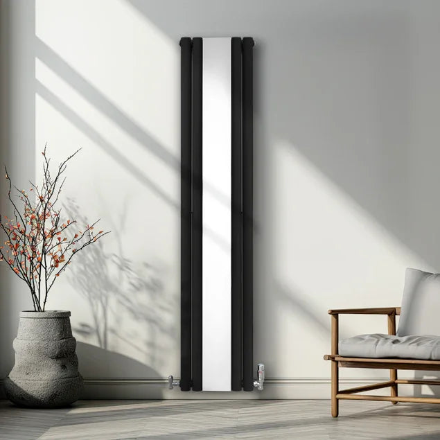 Sleek black oval mirror radiator, 1800mm x 380mm, mounted on a wall, enhancing modern decor with a minimalist design and elegant lines