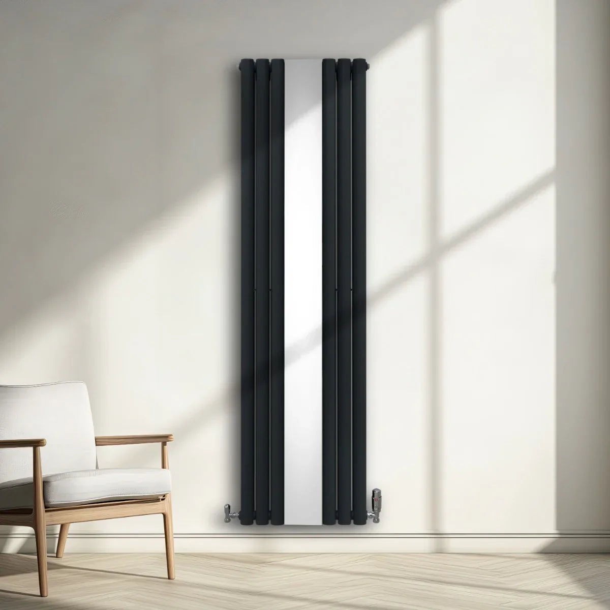 Oval mirror radiator in anthracite grey, 1800mm x 500mm, featuring a sleek design with vertical lines, enhancing modern interiors