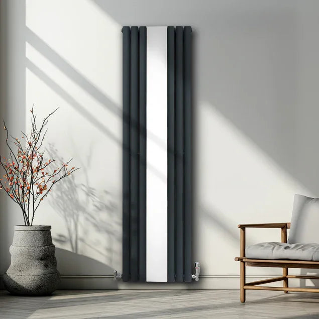 Oval mirror radiator in anthracite grey, 1800mm x 500mm, featuring a sleek vertical design with a glossy finish, enhancing modern interiors