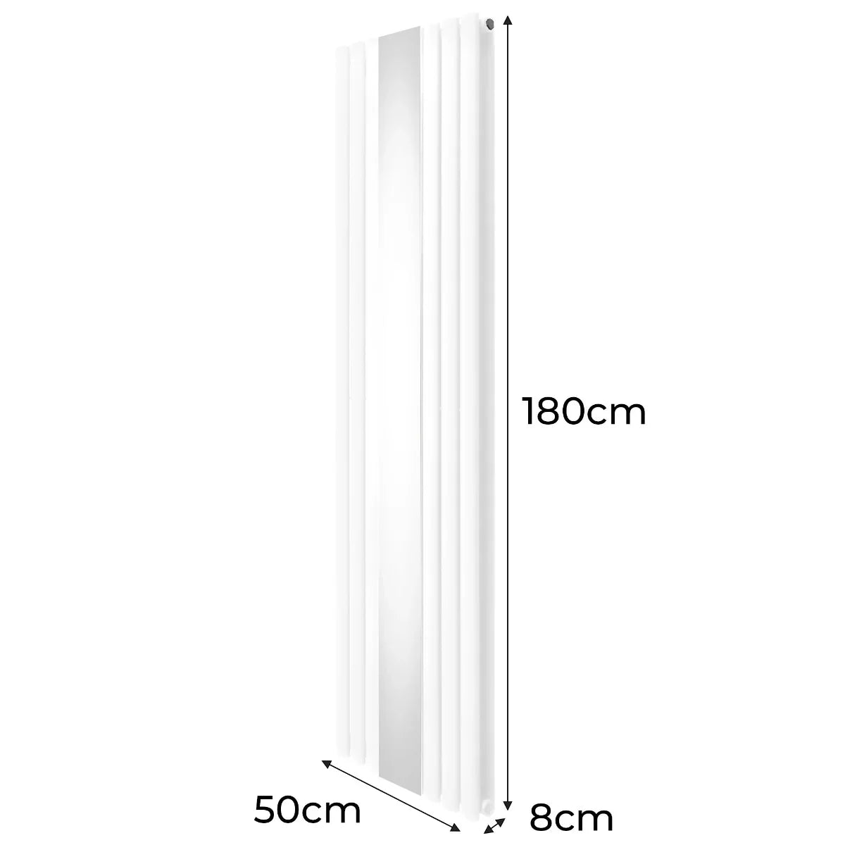Sleek white oval mirror radiator, 1800mm x 500mm, featuring a smooth surface and elegant vertical design for modern spaces