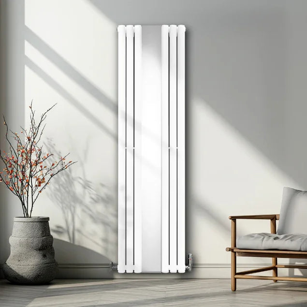 Sleek white oval mirror radiator, 1800mm x 500mm, featuring a modern design with vertical lines, enhancing contemporary interiors