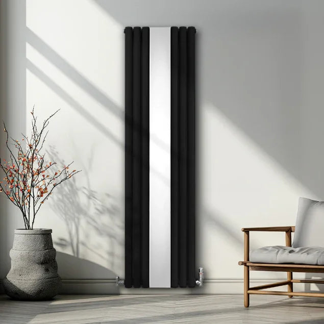 Sleek black oval mirror radiator, 1800mm x 500mm, featuring a modern design with vertical lines, enhancing contemporary interiors