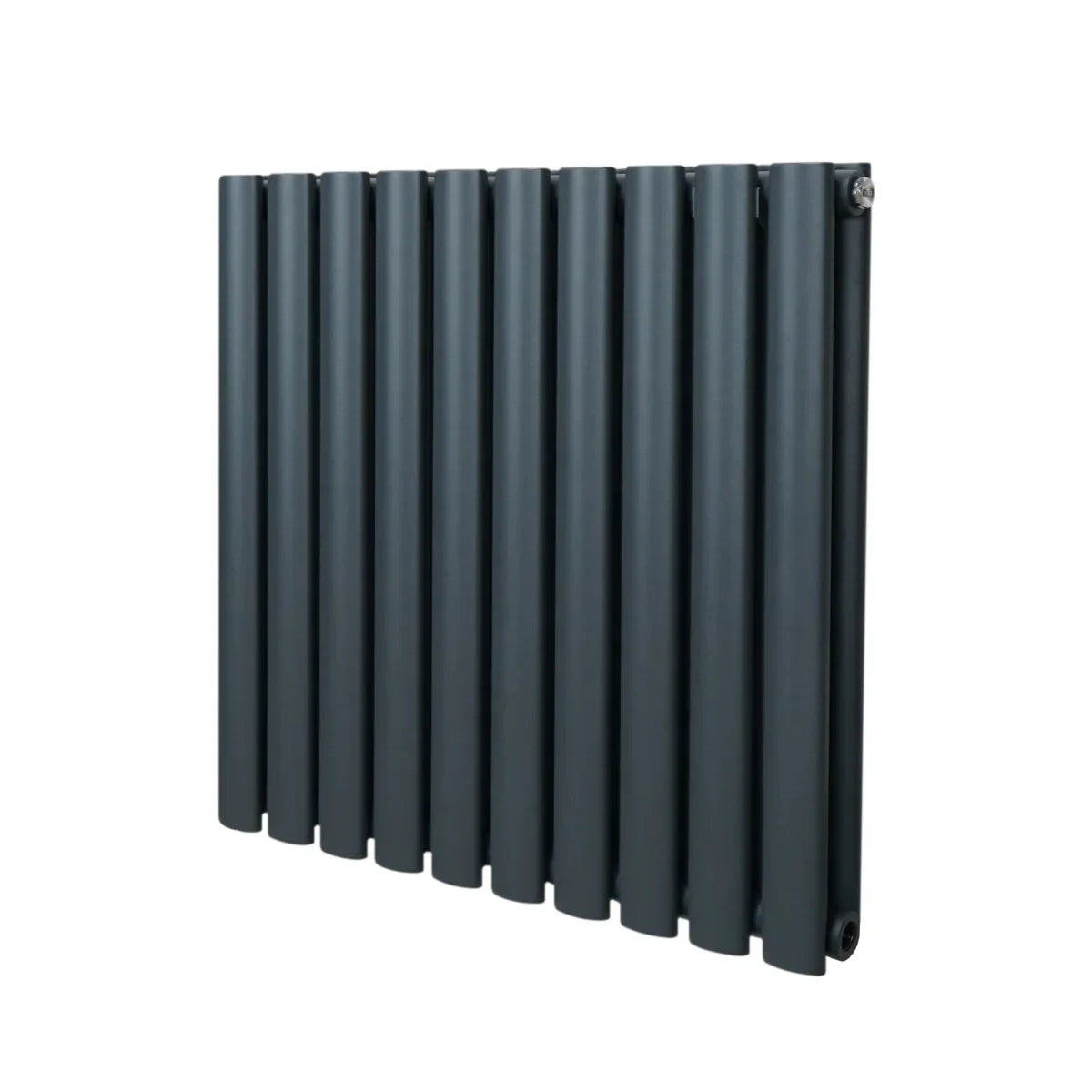 Oval column radiator in anthracite grey, featuring a sleek, modern design with vertical tubes and a smooth matte finish, measuring 600mm x 600mm