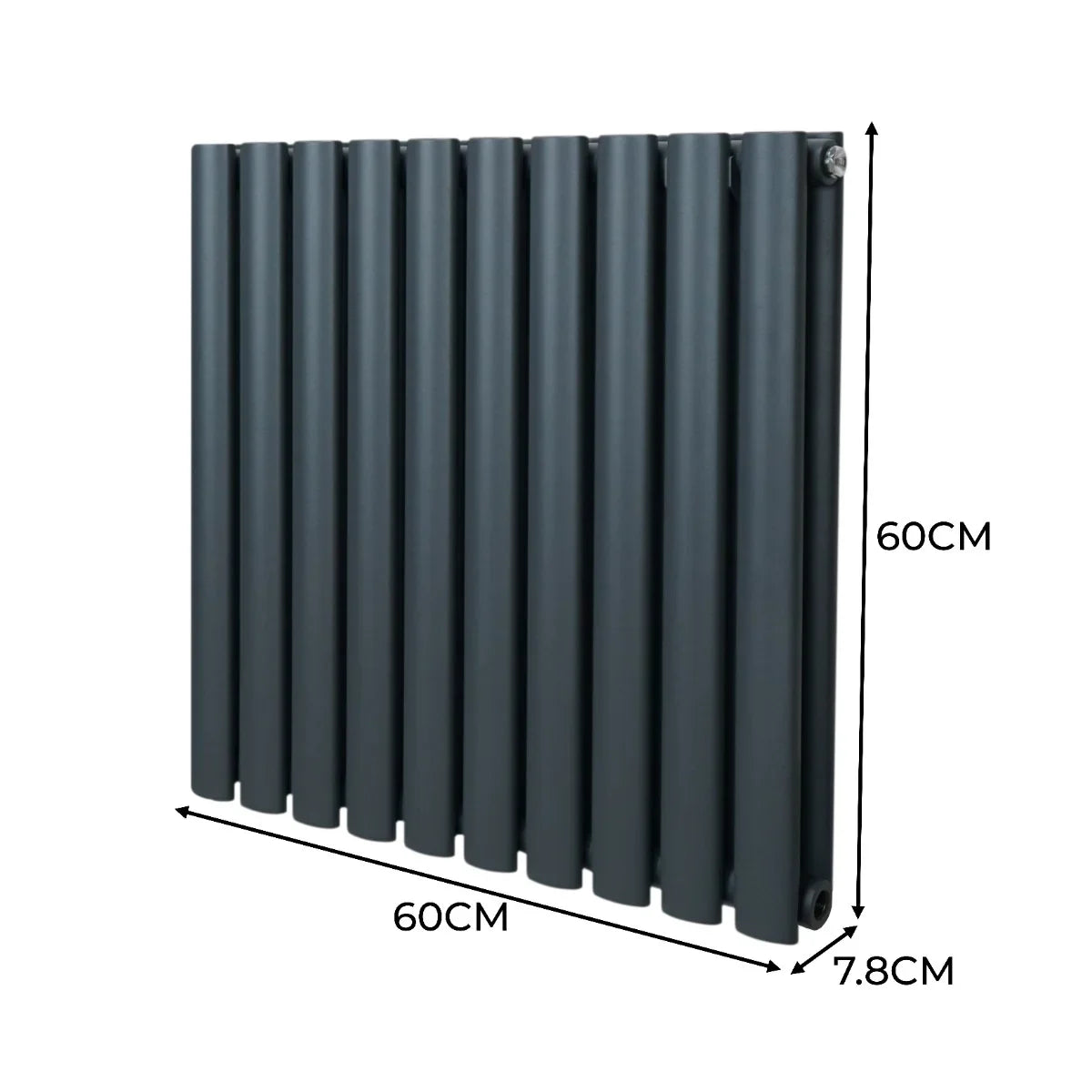 Oval column radiator in anthracite grey, measuring 600mm x 600mm, featuring a sleek, modern design with vertical fins