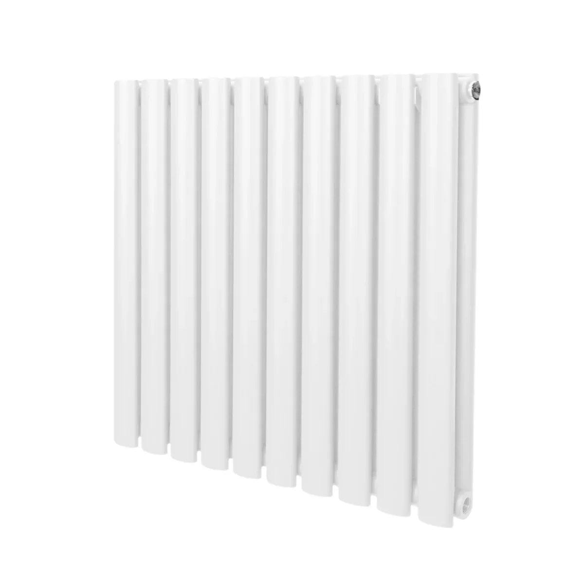 Oval column radiator in white, 600mm x 600mm, featuring a sleek, modern design with smooth, glossy finish and vertical slats