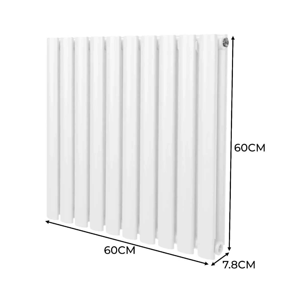 White oval column radiator measuring 600mm x 600mm, featuring a sleek design with vertical fins and a smooth finish
