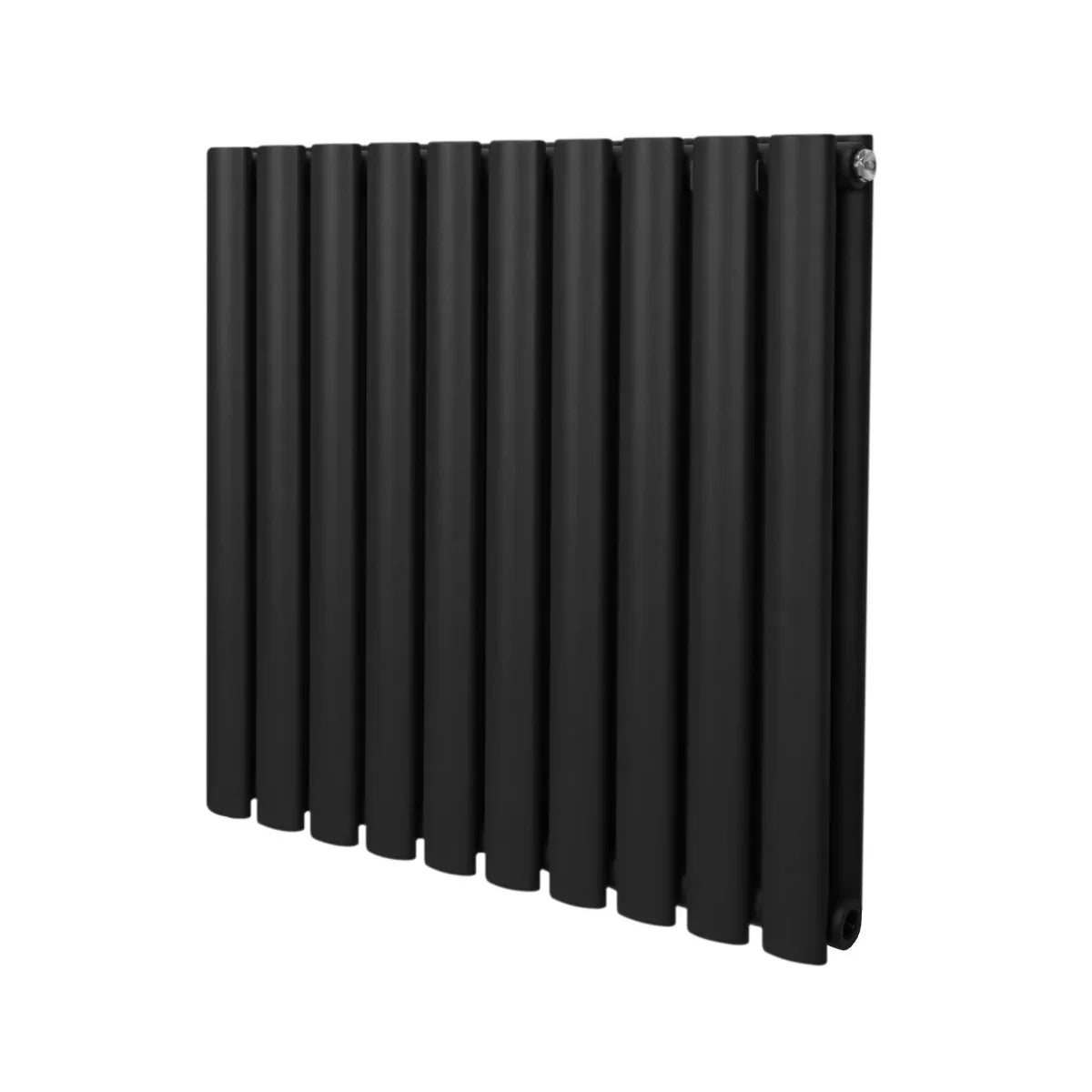 Sleek black oval column radiator measuring 600mm x 600mm, featuring a modern design with smooth, matte finish and vertical slats