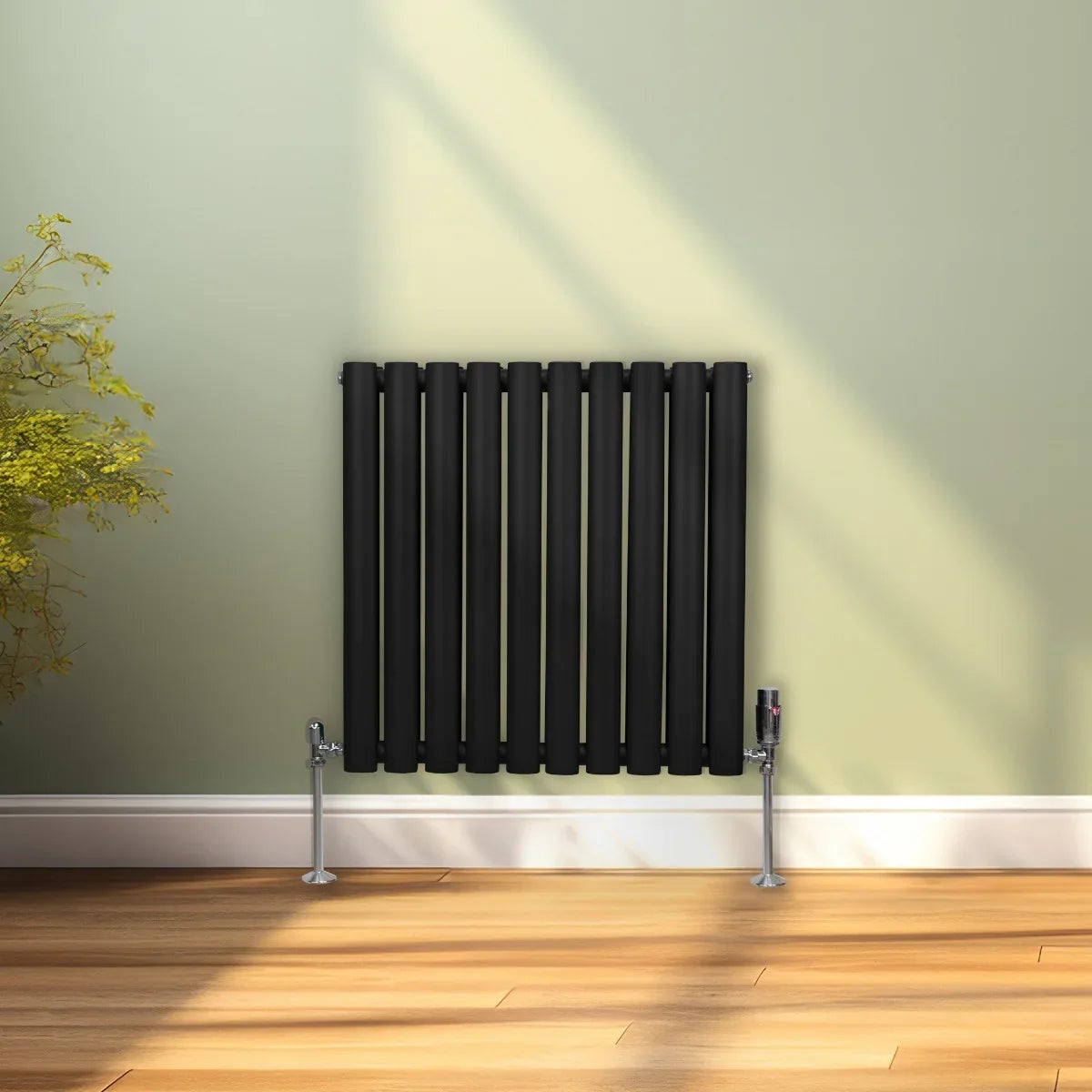 Sleek black oval column radiator, 600mm x 600mm, mounted on a light green wall, with chrome valves and wooden flooring visible