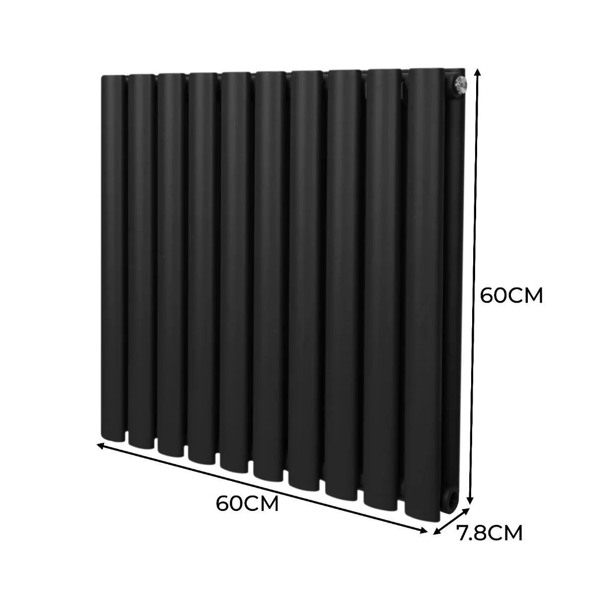 Sleek black oval column radiator, 600mm x 600mm, featuring a modern design with smooth, matte finish and vertical slats