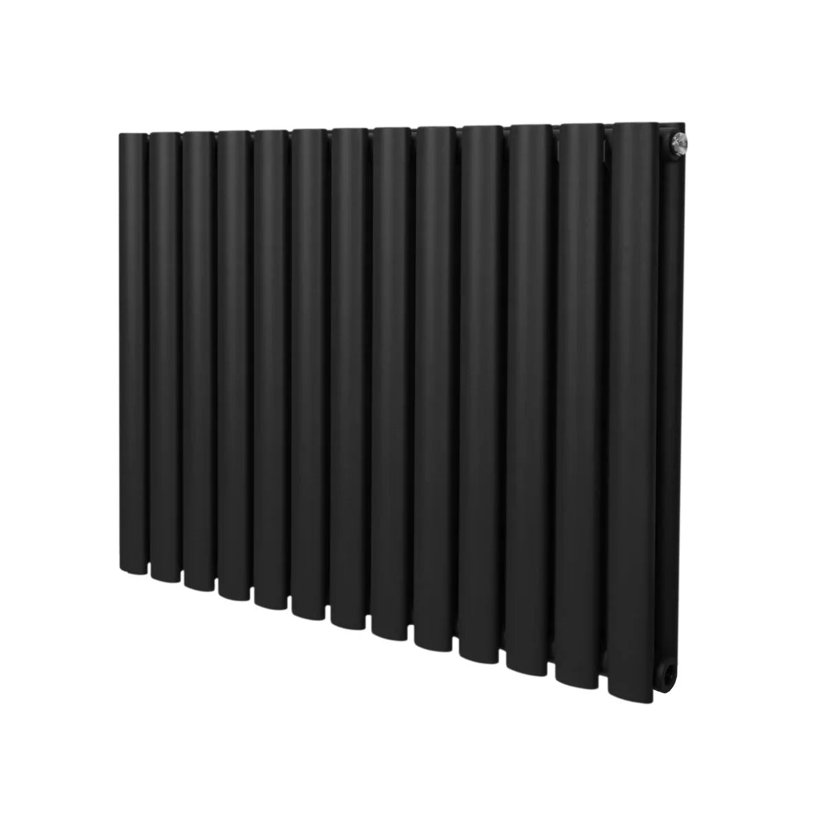 Sleek black oval column radiator, 600mm x 780mm, featuring a modern design with smooth, matte finish and vertical lines