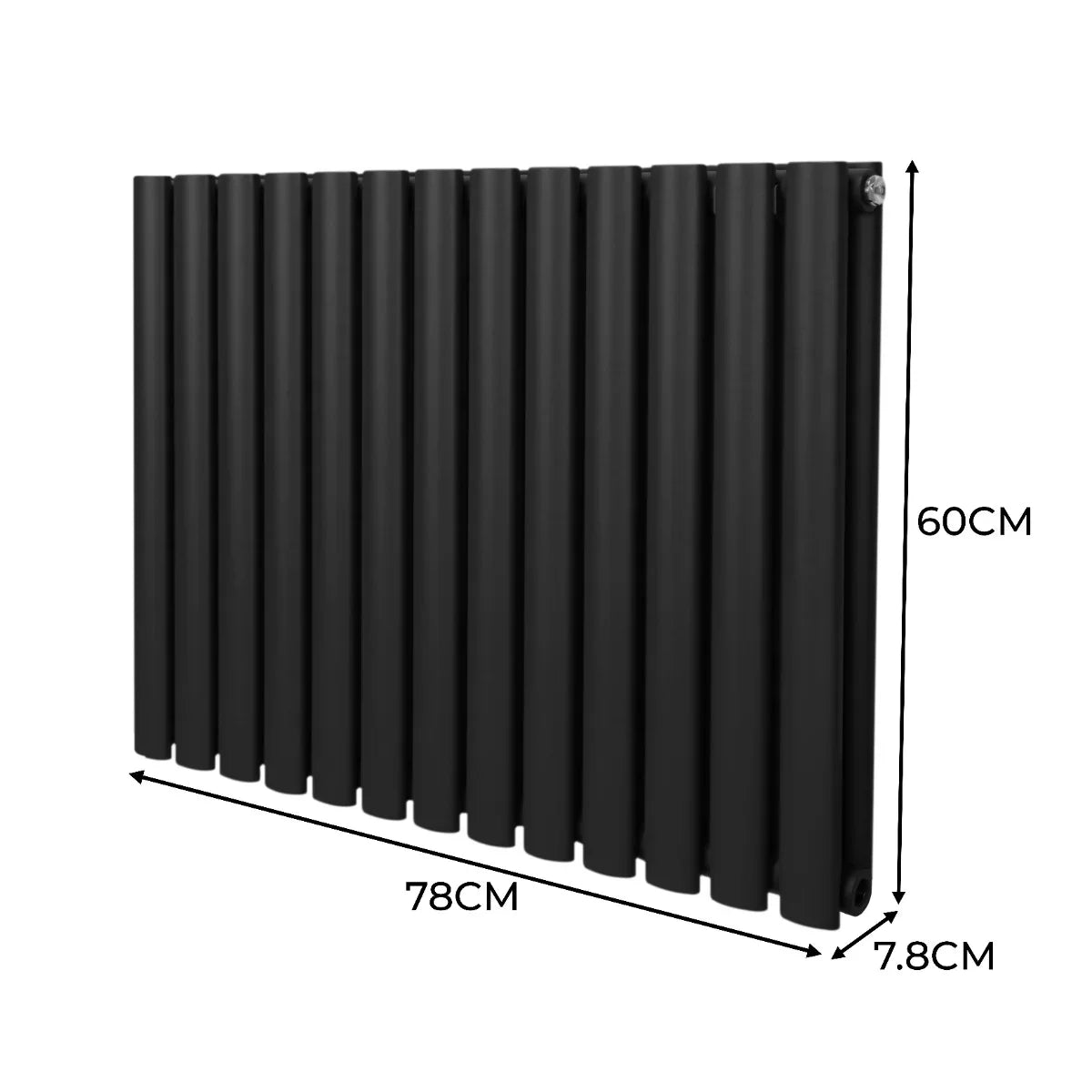 Sleek black oval column radiator, 600mm x 780mm, featuring a modern design with vertical lines and a smooth matte finish