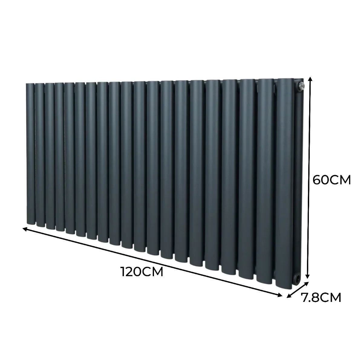 Oval column radiator in anthracite grey, measuring 600mm x 1200mm, featuring a sleek, modern design with vertical fins and a smooth finish