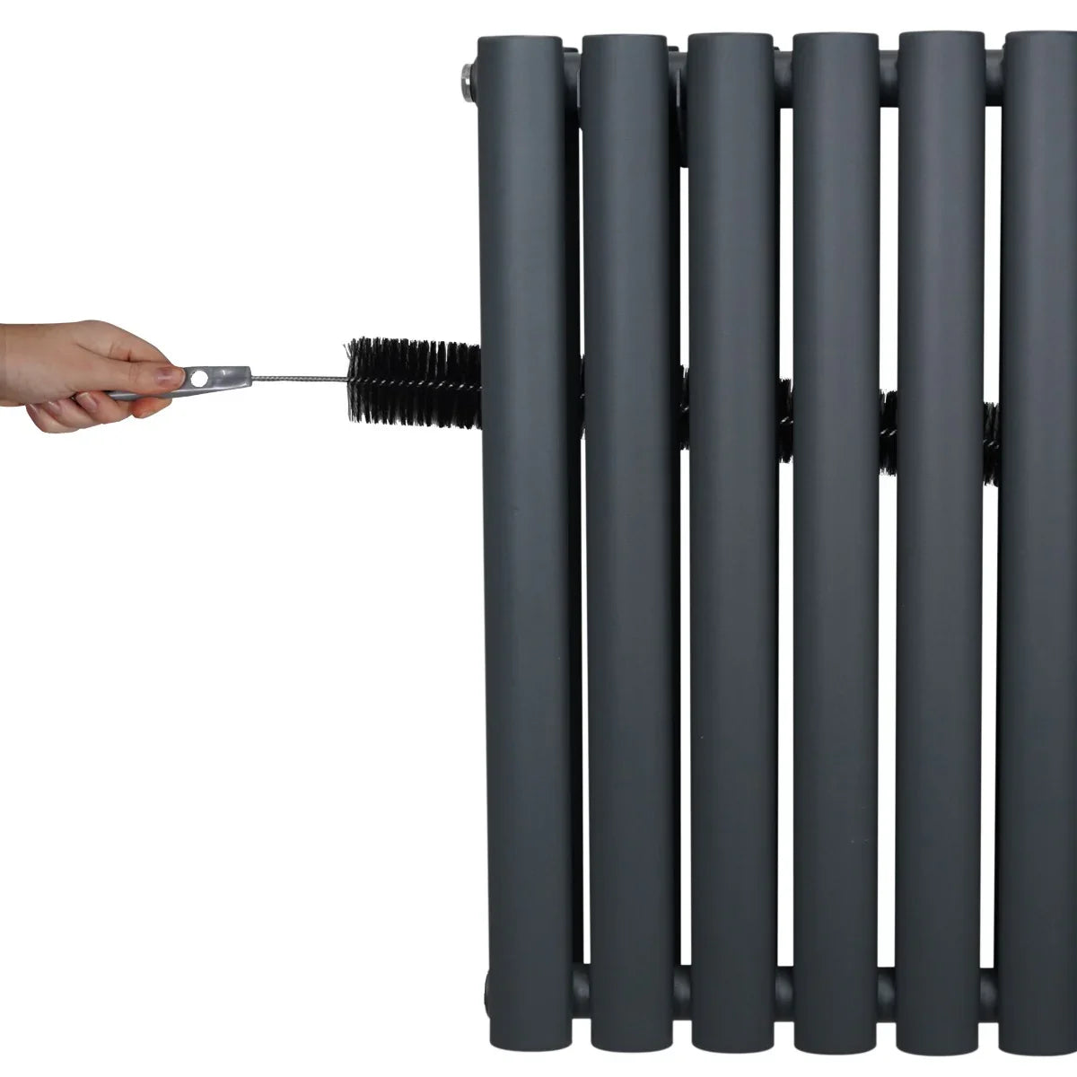 Anthracite grey oval column radiator with a sleek, modern design, featuring smooth, rounded edges and a hand adjusting mechanism