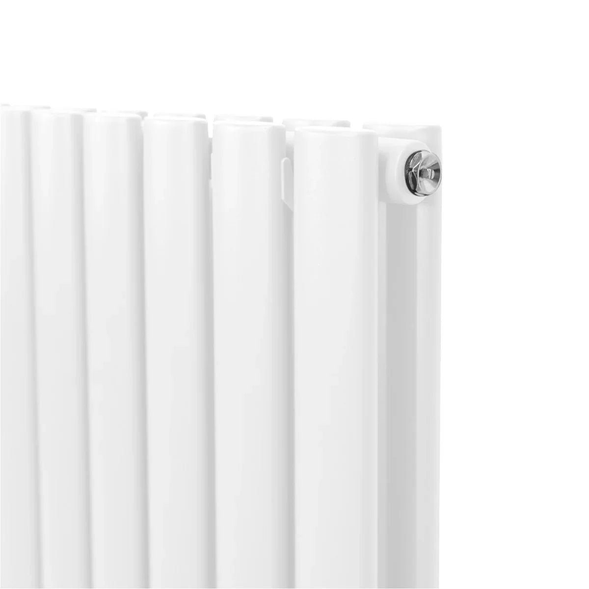 Sleek white oval column radiator with a smooth finish, featuring vertical panels and a polished chrome valve, ideal for modern spaces