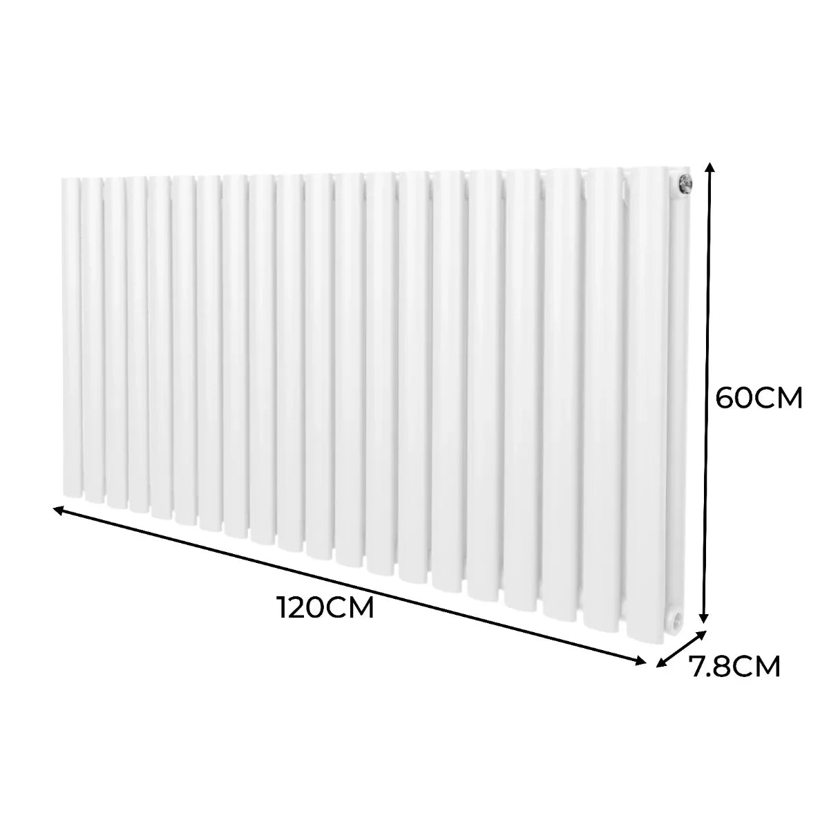 White oval column radiator measuring 600mm x 1200mm with vertical fins, sleek design, and smooth finish for modern interiors