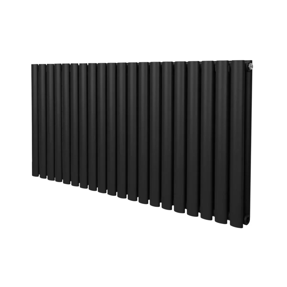 Sleek black oval column radiator measuring 600mm x 1200mm, featuring a modern design with smooth, matte finish and vertical lines