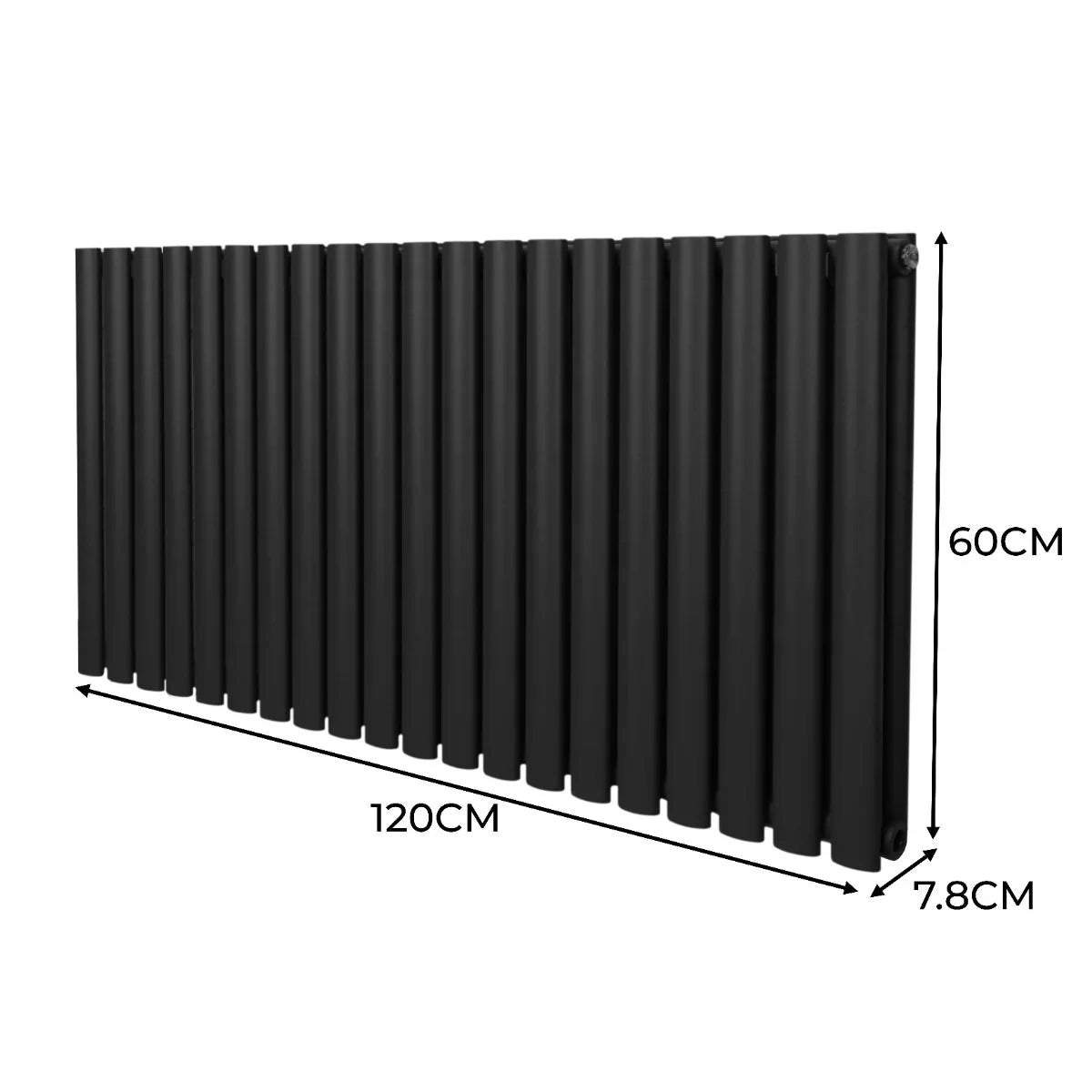 Sleek black oval column radiator measuring 600mm x 1200mm, featuring a modern design with vertical fins for efficient heating