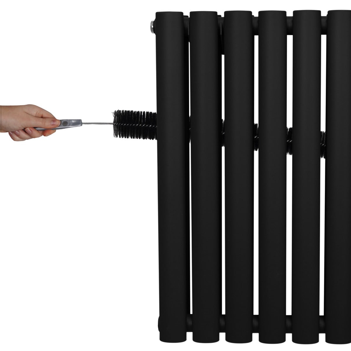 Black oval column radiator with a sleek finish, showcasing a hand adjusting the valve for temperature control and maintenance