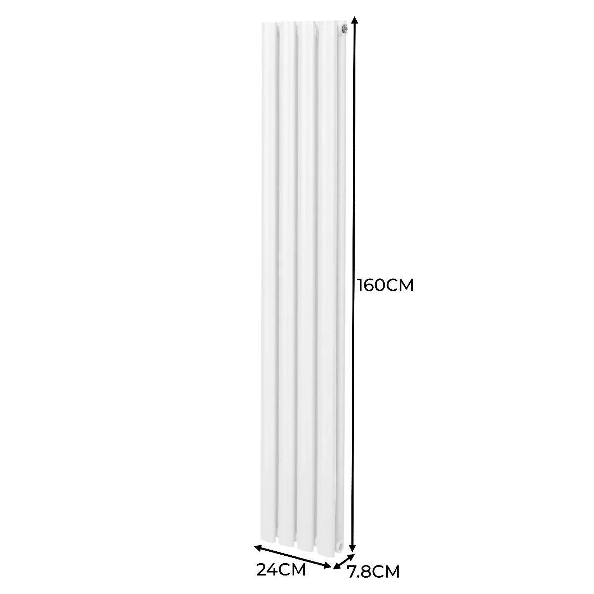 Sleek white oval column radiator measuring 1600mm x 240mm, featuring a smooth finish and vertical design for modern spaces
