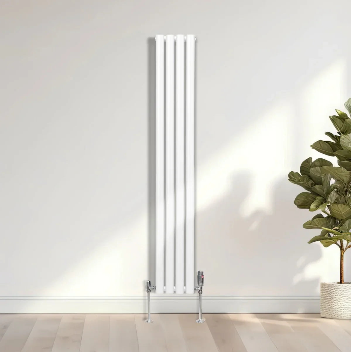 Sleek white oval column radiator, 1600mm x 240mm, featuring a modern design with vertical lines, set against a light wall and wooden floor