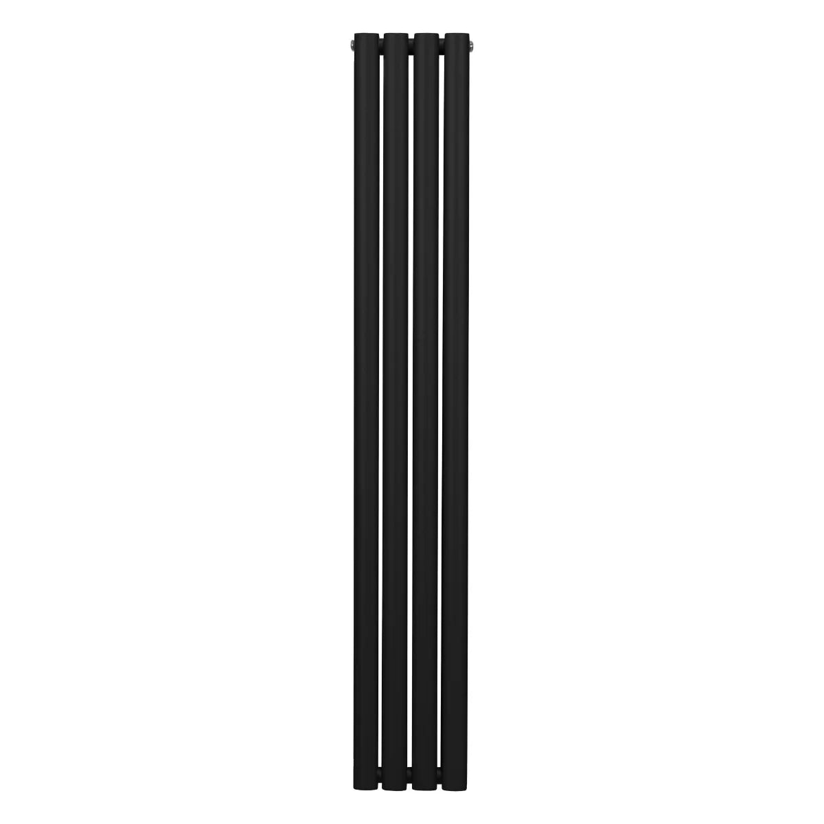 Sleek black oval column radiator, 1600mm x 240mm, featuring a modern design with smooth, matte finish and vertical orientation