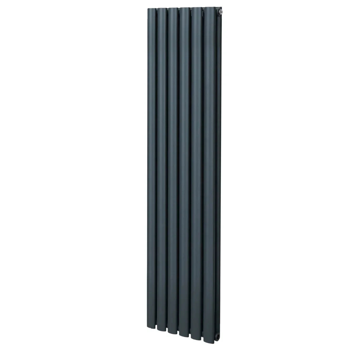 Oval column radiator in anthracite grey, 1600mm x 360mm, featuring a sleek, modern design with vertical lines and a smooth finish