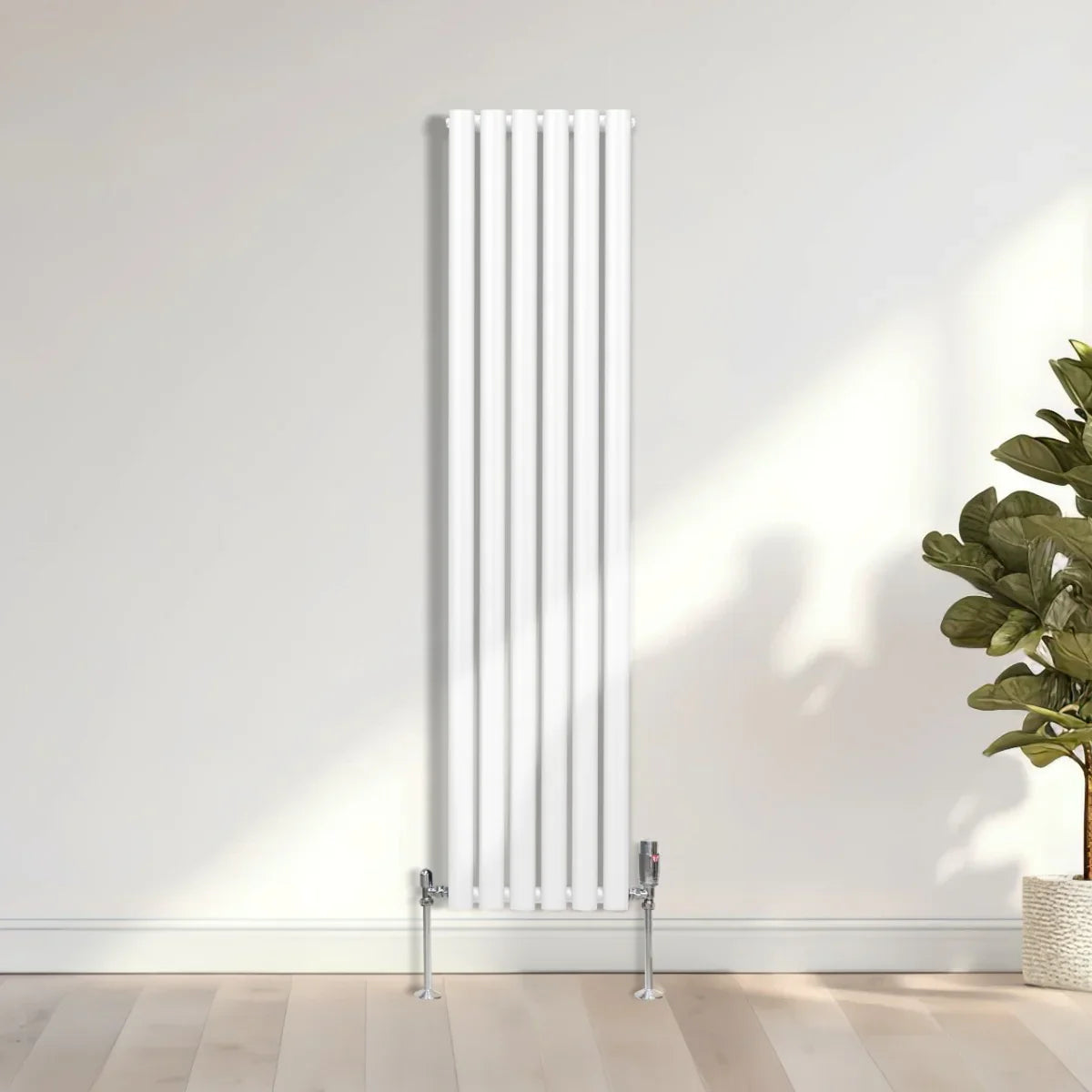 Sleek white oval column radiator, 1600mm x 360mm, featuring vertical bars and a modern design, perfect for contemporary interiors