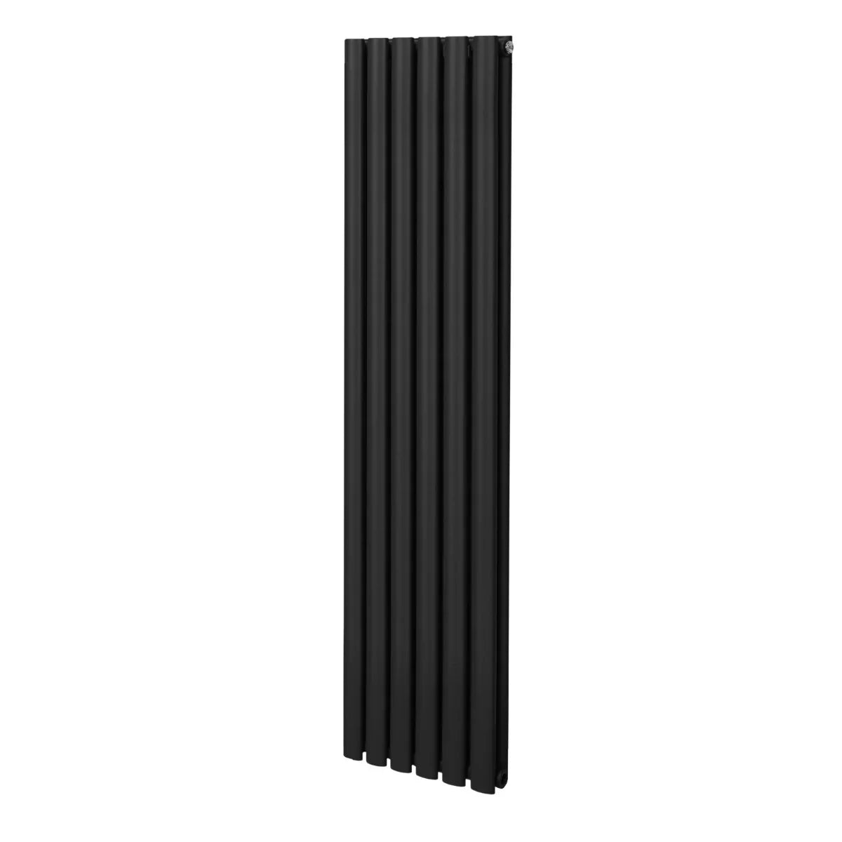Sleek black oval column radiator, 1600mm x 360mm, featuring a modern design with vertical slats for efficient heating and style