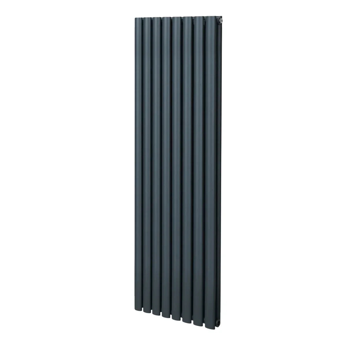 Oval column radiator in anthracite grey, 1600mm x 480mm, featuring a sleek, modern design with vertical lines and a smooth finish