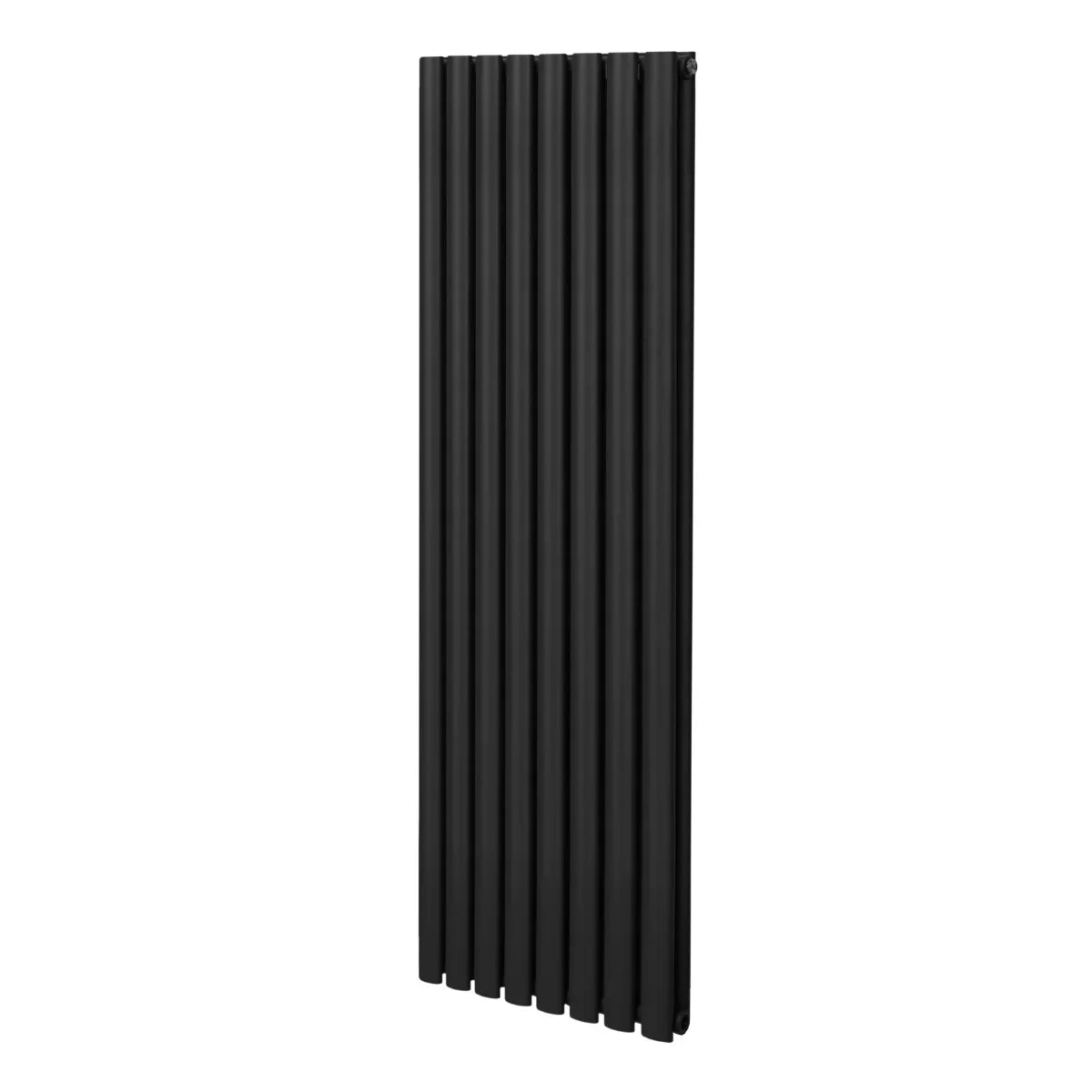 Sleek black oval column radiator, 1600mm x 480mm, featuring a modern design with smooth, vertical lines and a matte finish