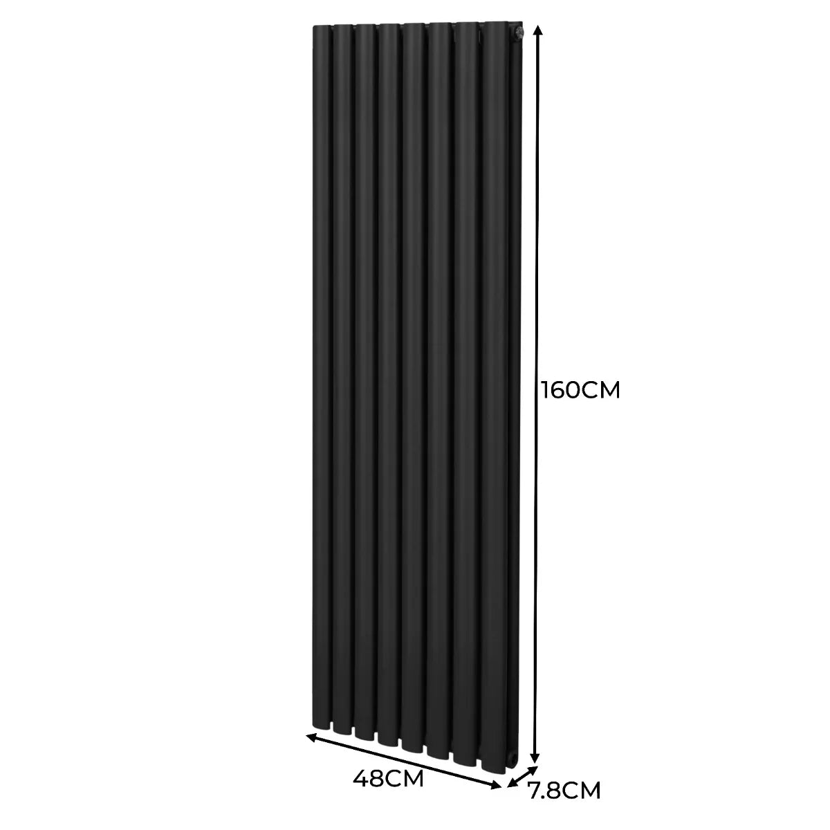 Sleek black oval column radiator measuring 1600mm x 480mm, featuring a modern vertical design with smooth, textured panels