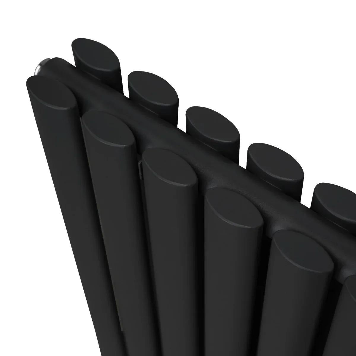Sleek black oval column radiator with a modern design, featuring smooth rounded edges and a matte finish, measuring 1600mm x 480mm