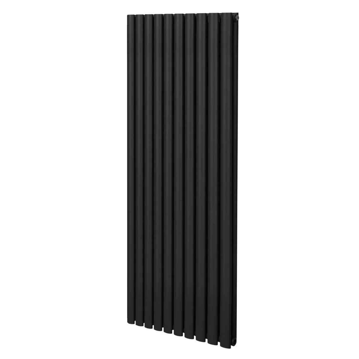 Sleek black oval column radiator, 1600mm x 600mm, featuring a modern design with vertical lines and a matte finish for contemporary spaces
