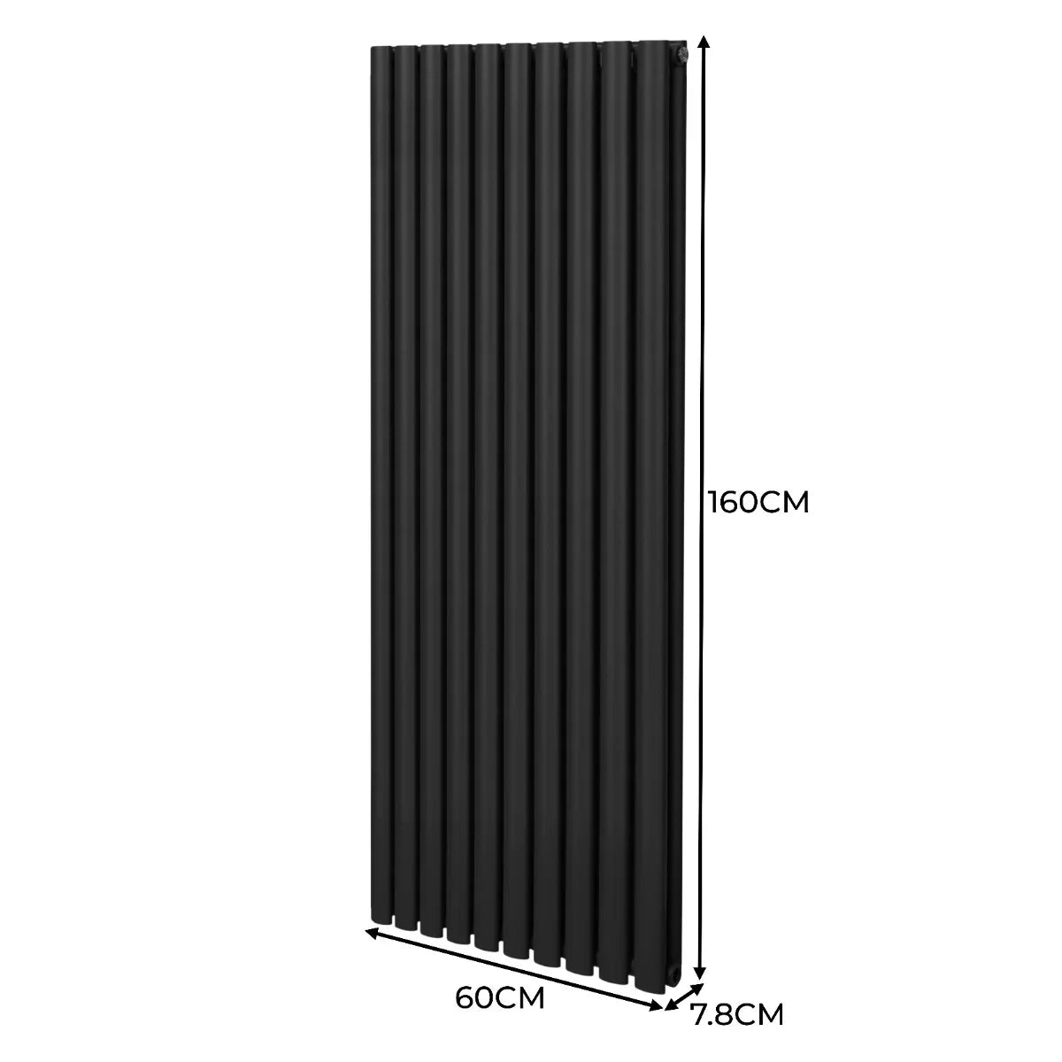 Sleek black oval column radiator measuring 1600mm x 600mm, featuring a modern design with vertical fins for efficient heating