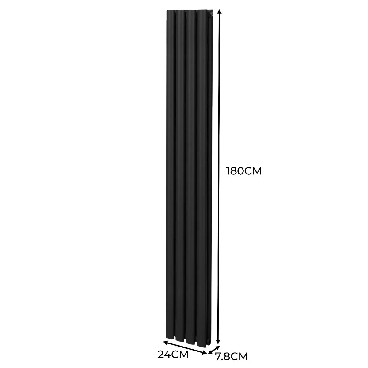 Sleek black oval column radiator measuring 1800mm x 240mm, featuring a modern design with vertical lines for efficient heating