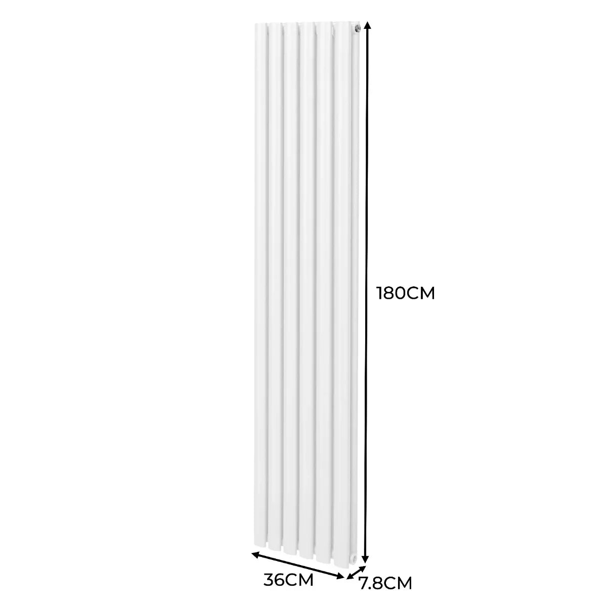 Sleek white oval column radiator, 1800mm tall and 360mm wide, featuring vertical fins for efficient heating and a modern design