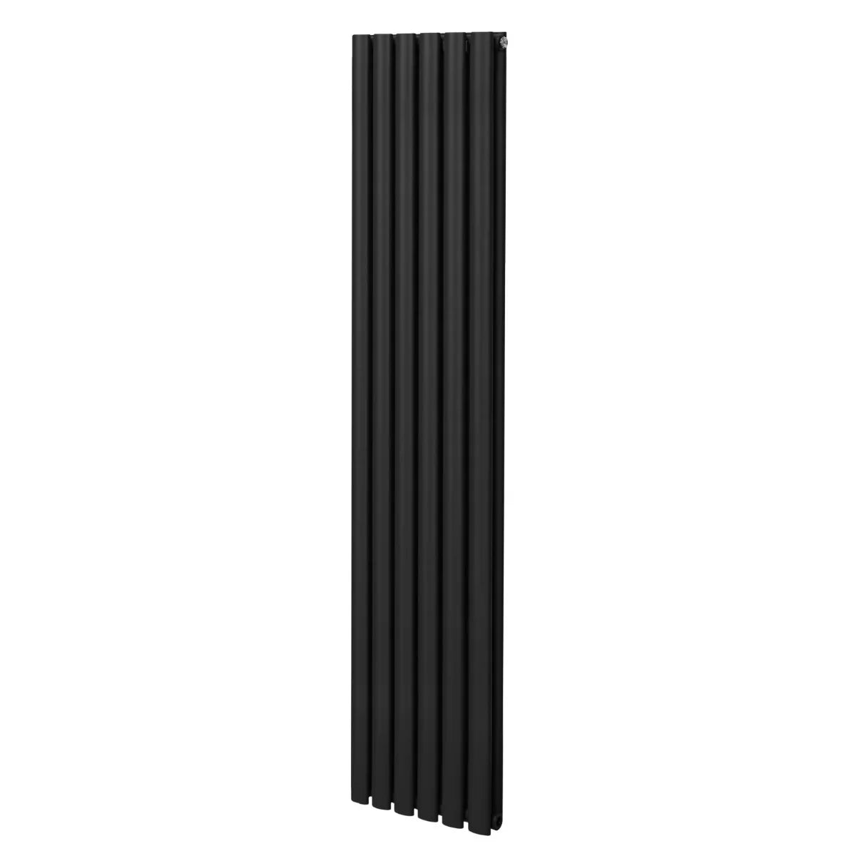 Sleek black oval column radiator measuring 1800mm x 360mm, featuring a modern vertical design and smooth matte finish