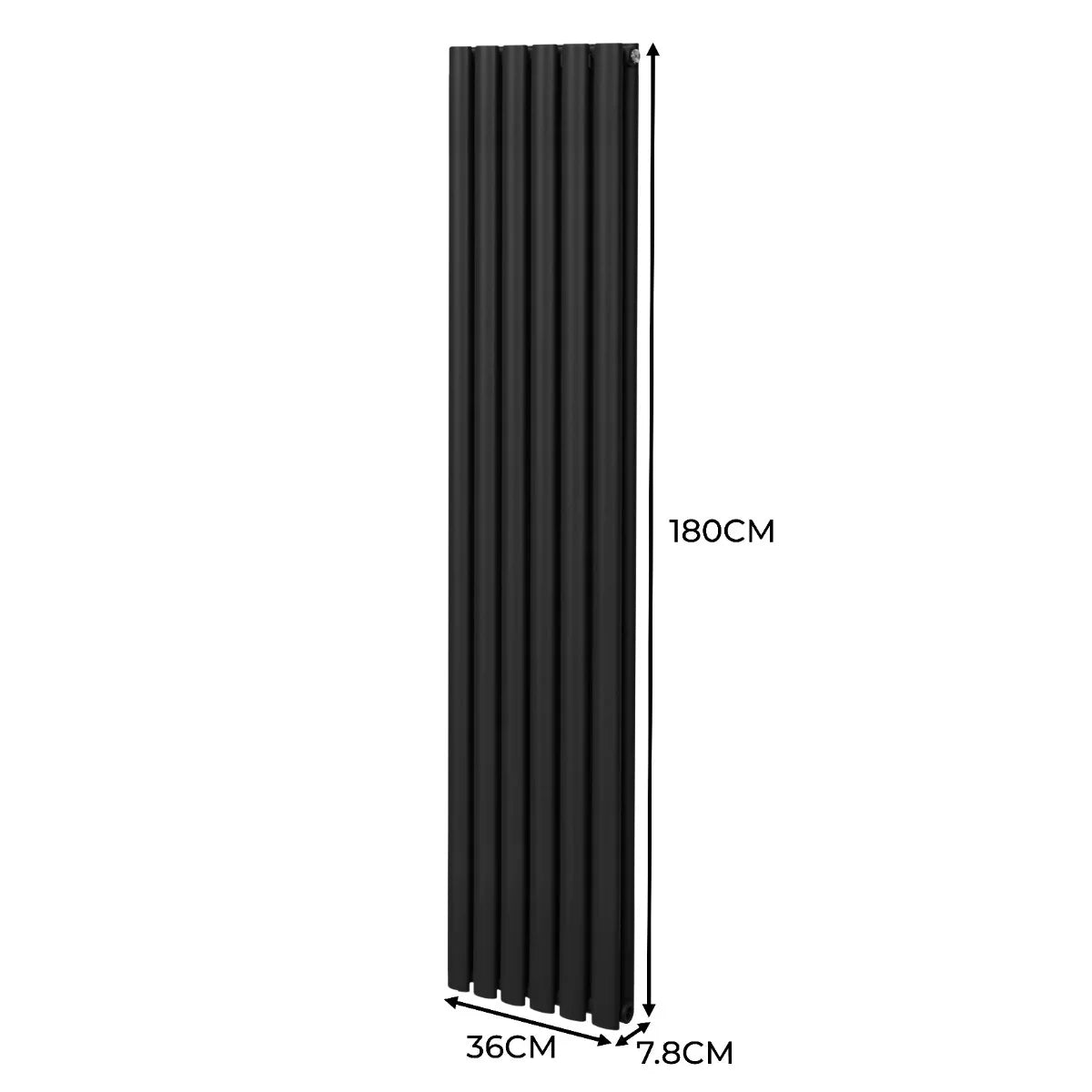 Sleek black oval column radiator measuring 1800mm x 360mm, featuring a modern design with vertical fins for efficient heating