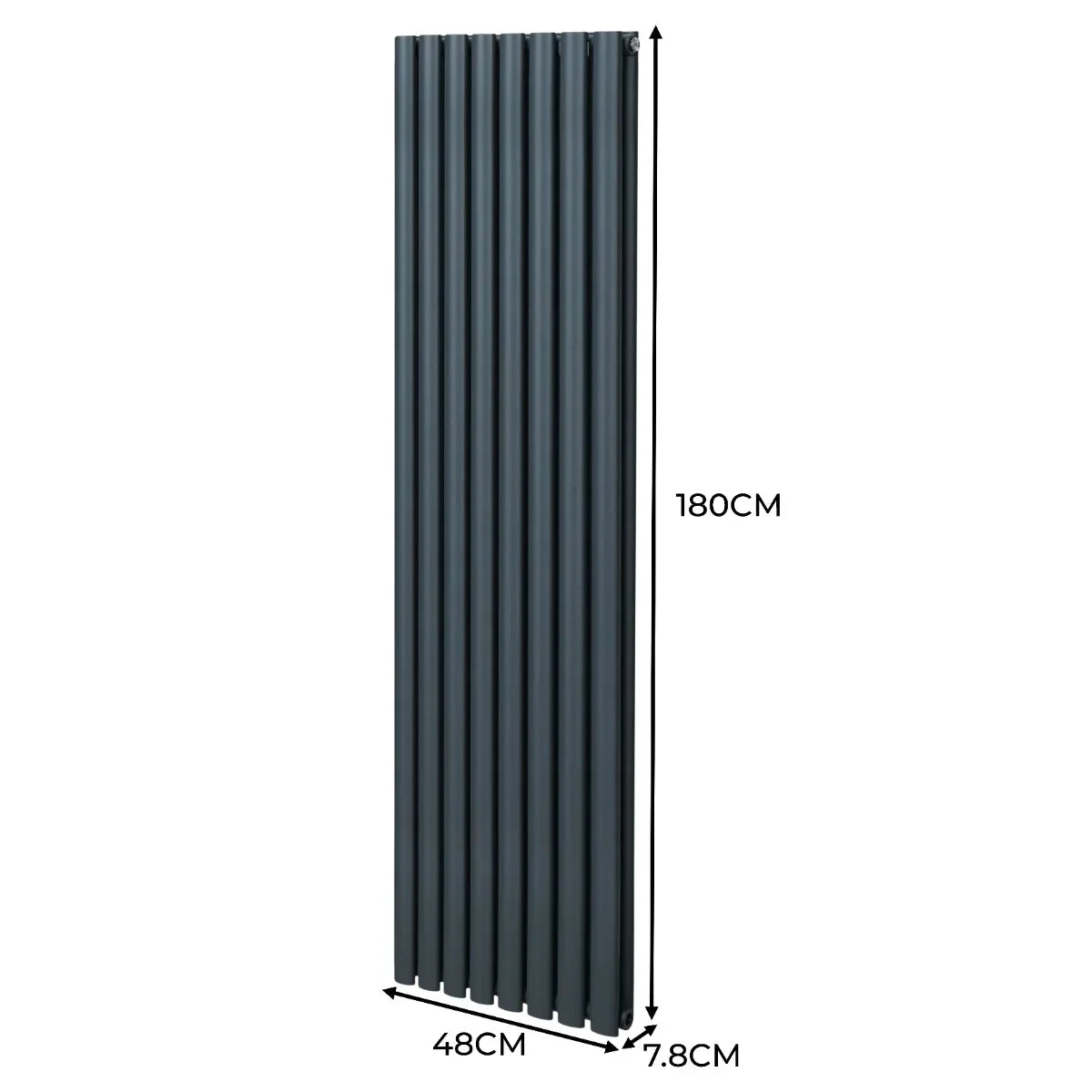 Anthracite grey oval column radiator, 1800mm x 480mm, featuring a sleek, vertical design with textured fins for efficient heating