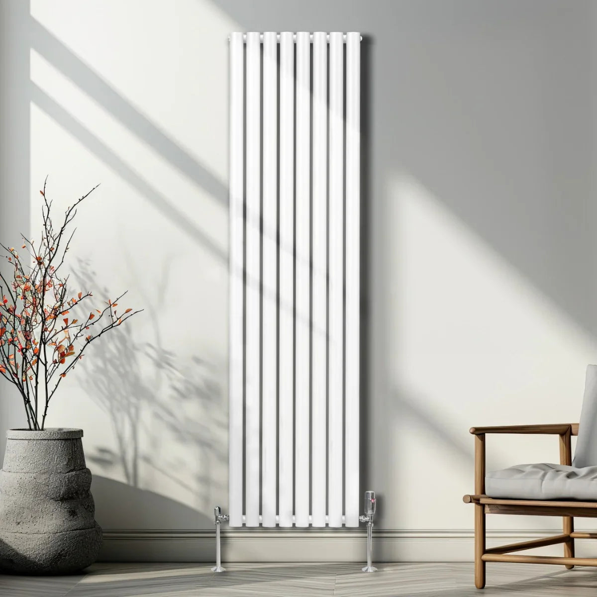 Sleek white oval column radiator standing tall at 1800mm x 480mm, enhancing a modern interior with natural light and minimal decor