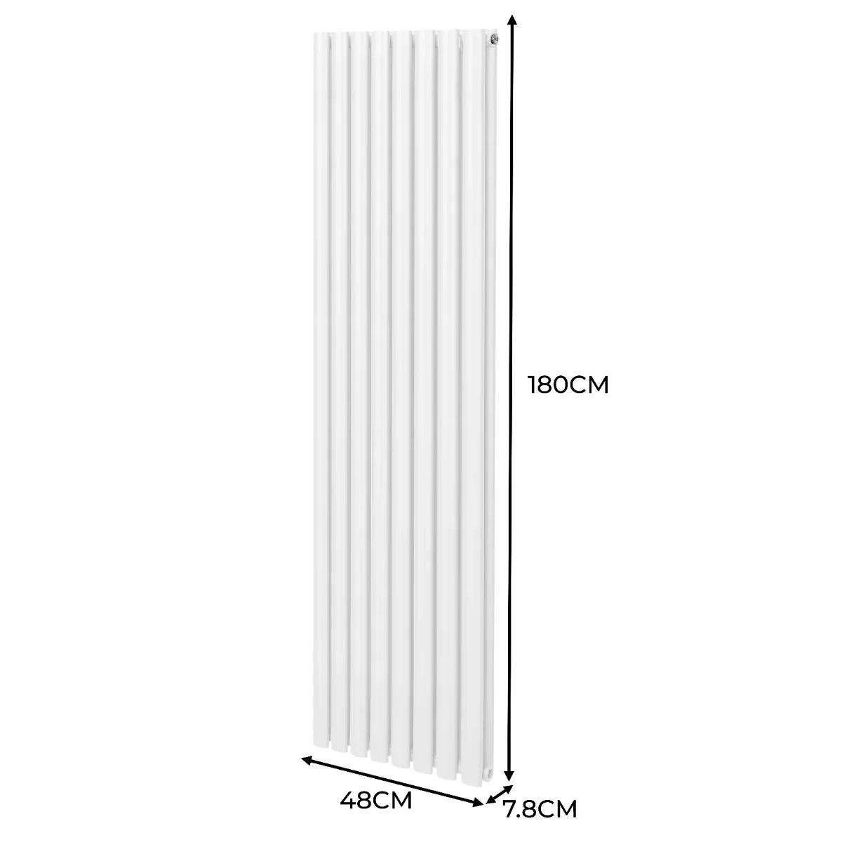 Sleek white oval column radiator measuring 1800mm x 480mm, featuring vertical lines and a smooth, modern finish