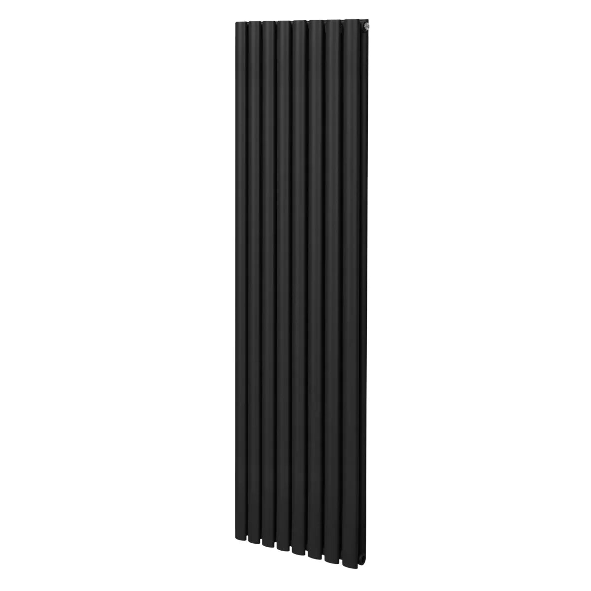 Sleek black oval column radiator, 1800mm x 480mm, featuring a modern design with vertical lines and a smooth matte finish