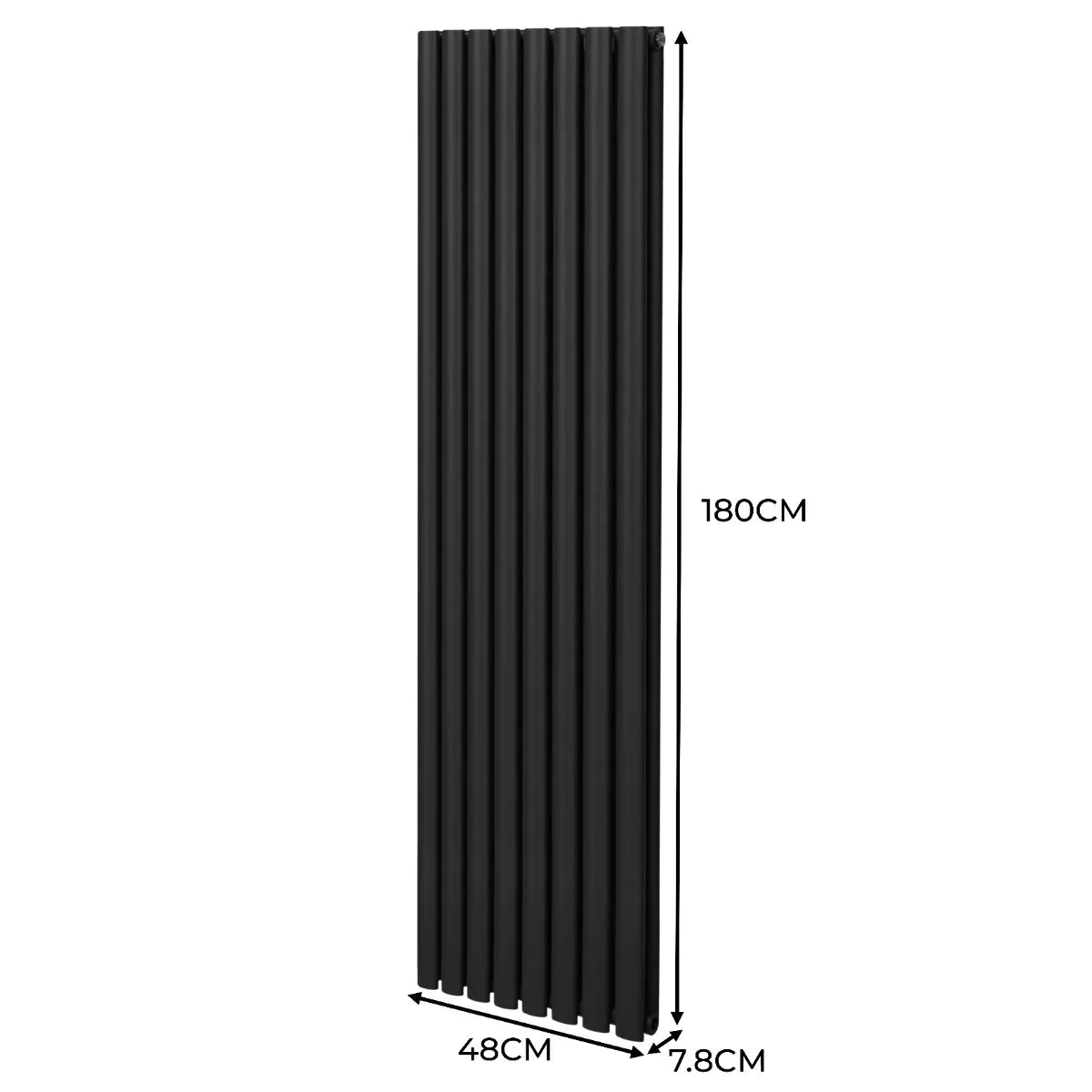 Sleek black oval column radiator, 1800mm x 480mm, featuring a modern vertical design with smooth, textured panels for efficient heating